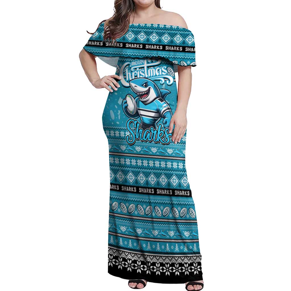 Personalized Sharks Rugby Xmas Off Shoulder Maxi Dress Australia NRL Mascot