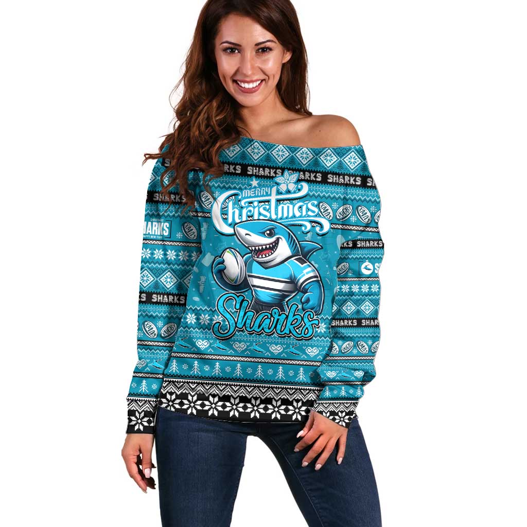Personalized Sharks Rugby Xmas Off Shoulder Sweater Australia NRL Mascot