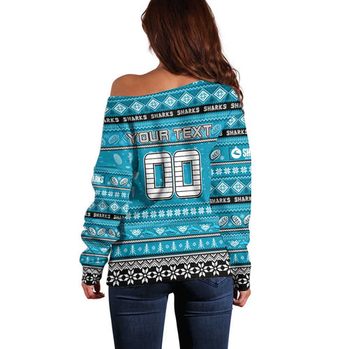 Personalized Sharks Rugby Xmas Off Shoulder Sweater Australia NRL Mascot
