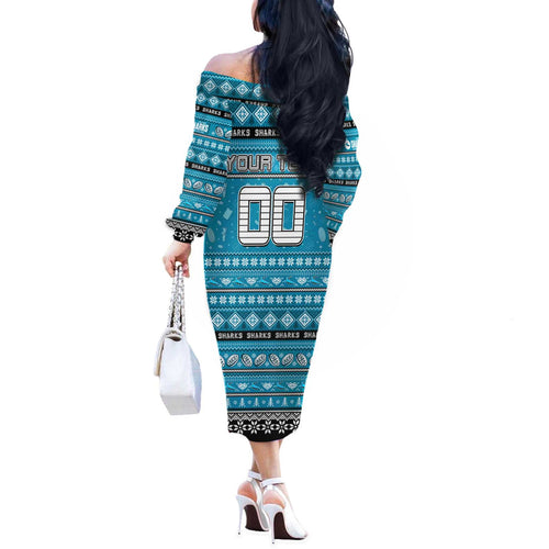 Personalized Sharks Rugby Xmas Off The Shoulder Long Sleeve Dress Australia NRL Mascot