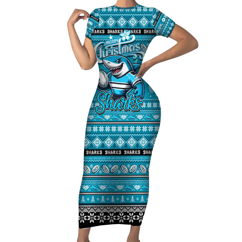 Personalized Sharks Rugby Xmas Short Sleeve Bodycon Dress Australia NRL Mascot