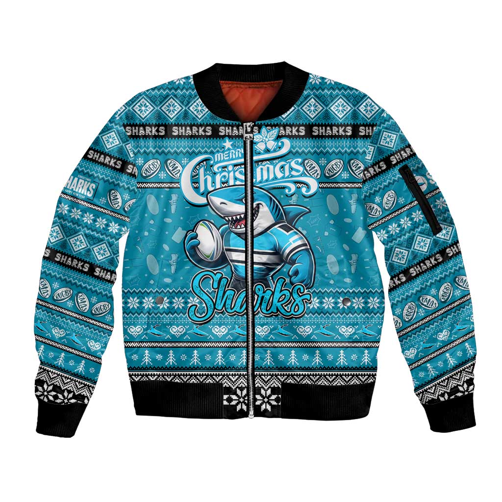 Personalized Sharks Rugby Xmas Sleeve Zip Bomber Jacket Australia NRL Mascot