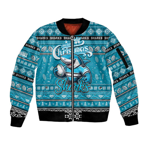 Personalized Sharks Rugby Xmas Sleeve Zip Bomber Jacket Australia NRL Mascot