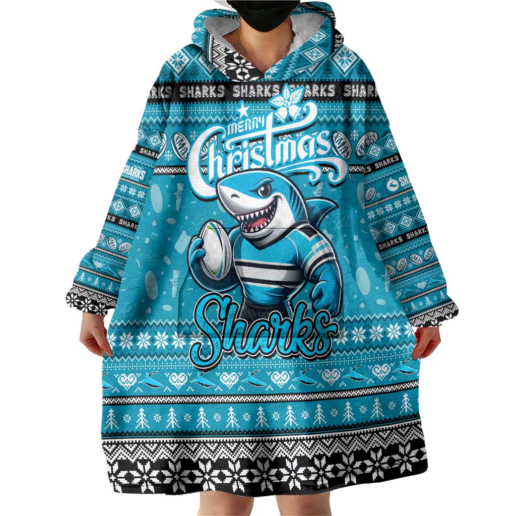 Personalized Sharks Rugby Xmas Wearable Blanket Hoodie Australia NRL Mascot