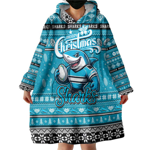 Personalized Sharks Rugby Xmas Wearable Blanket Hoodie Australia NRL Mascot