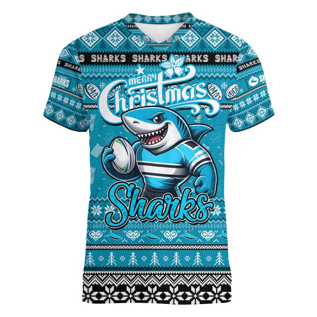 Personalized Sharks Rugby Xmas Women V-Neck T-Shirt Australia NRL Mascot