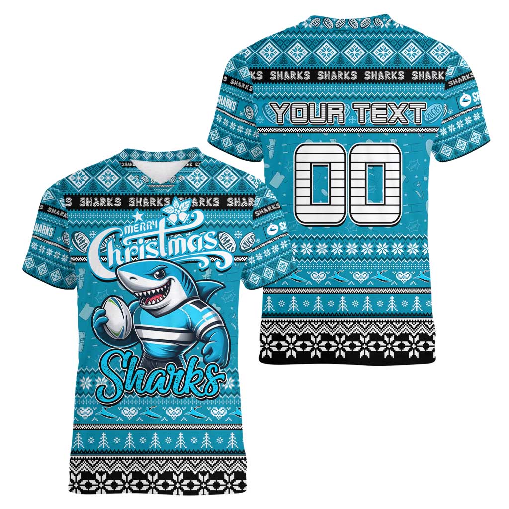 Personalized Sharks Rugby Xmas Women V-Neck T-Shirt Australia NRL Mascot
