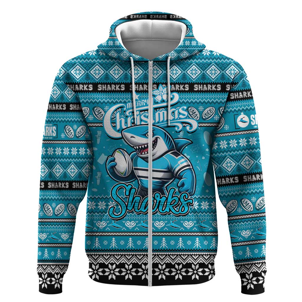 Personalized Sharks Rugby Xmas Zip Hoodie Australia NRL Mascot