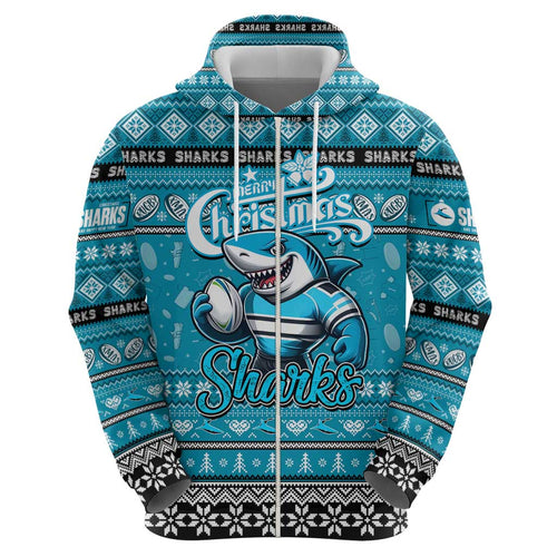 Personalized Sharks Rugby Xmas Zip Hoodie Australia NRL Mascot