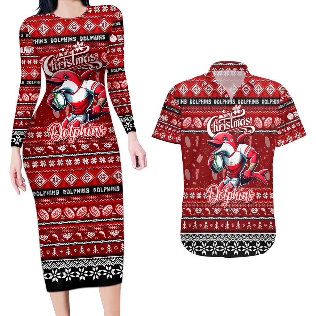 Personalized Dolphins Rugby Xmas Couples Matching Long Sleeve Bodycon Dress and Hawaiian Shirt Australia NRL Mascot