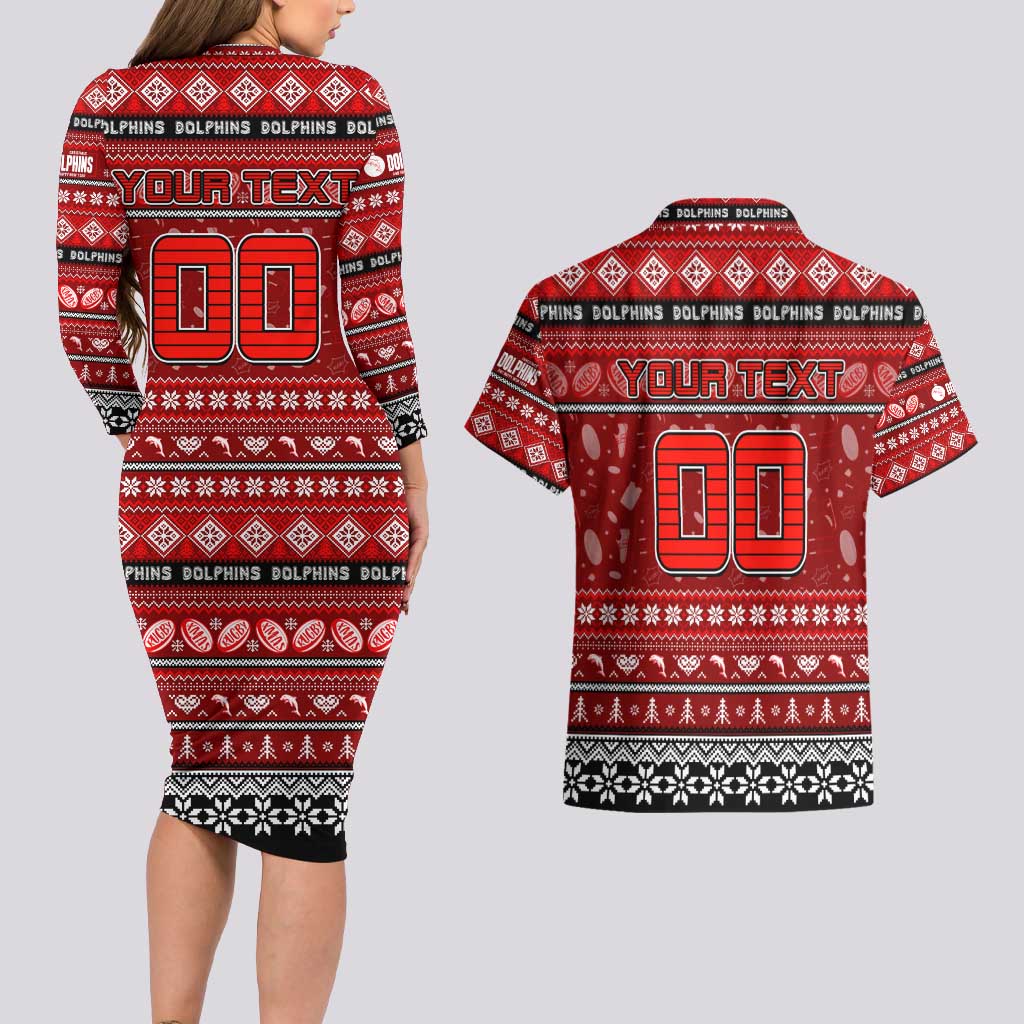 Personalized Dolphins Rugby Xmas Couples Matching Long Sleeve Bodycon Dress and Hawaiian Shirt Australia NRL Mascot