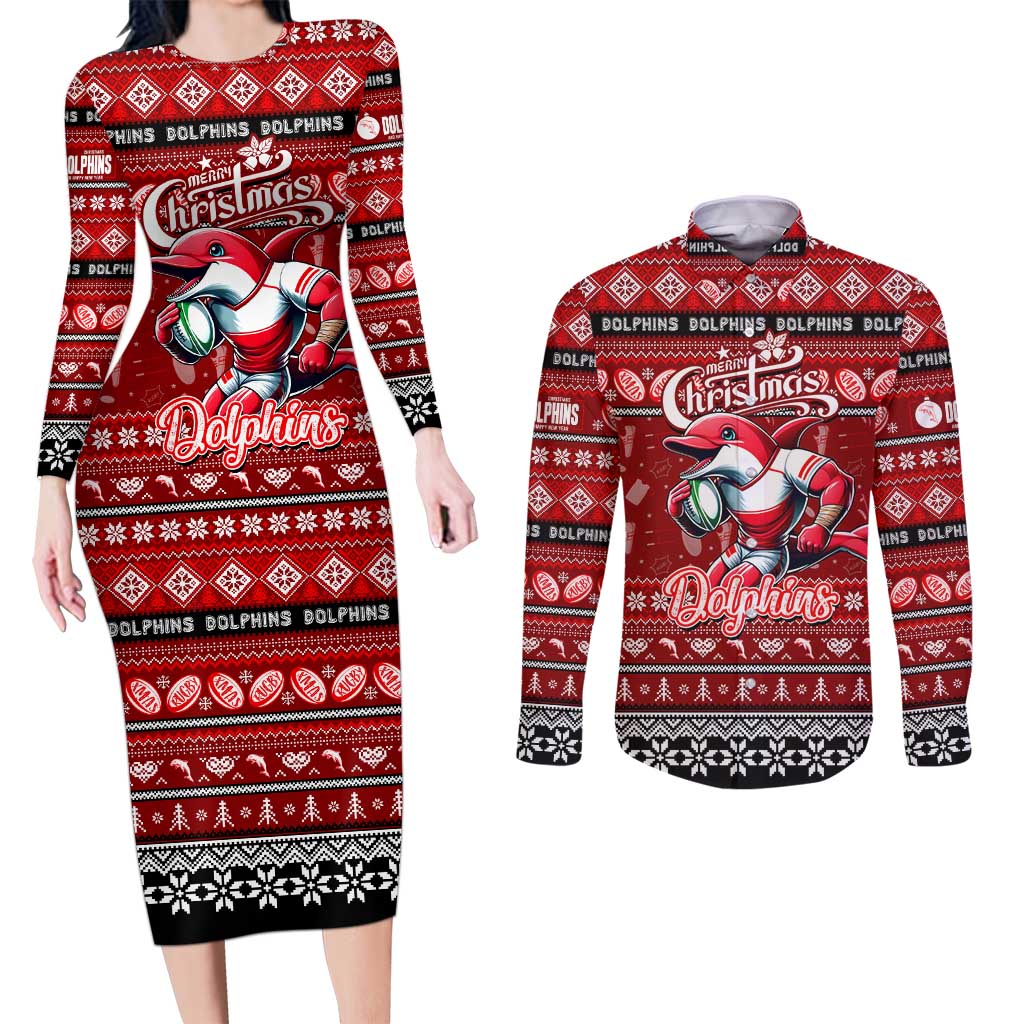 Personalized Dolphins Rugby Xmas Couples Matching Long Sleeve Bodycon Dress and Long Sleeve Button Shirt Australia NRL Mascot