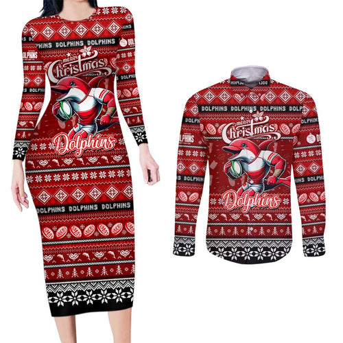 Personalized Dolphins Rugby Xmas Couples Matching Long Sleeve Bodycon Dress and Long Sleeve Button Shirt Australia NRL Mascot