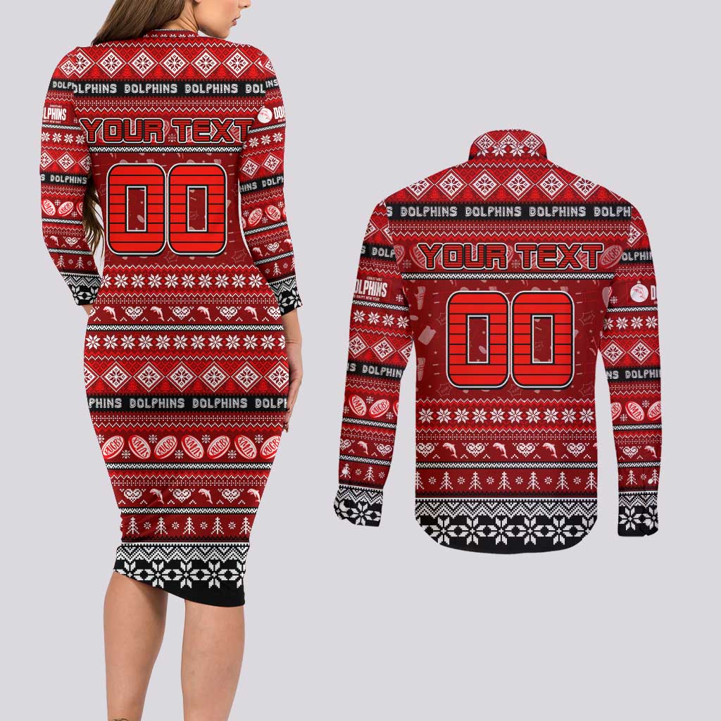Personalized Dolphins Rugby Xmas Couples Matching Long Sleeve Bodycon Dress and Long Sleeve Button Shirt Australia NRL Mascot