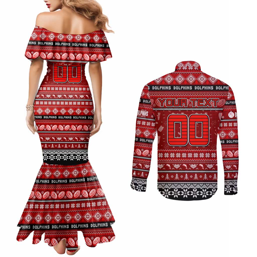 Personalized Dolphins Rugby Xmas Couples Matching Mermaid Dress and Long Sleeve Button Shirt Australia NRL Mascot