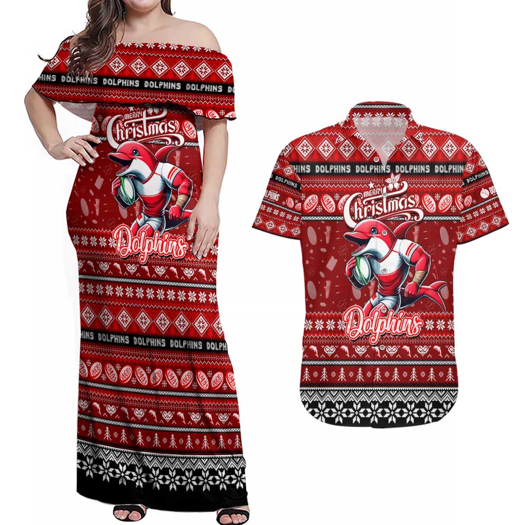 Personalized Dolphins Rugby Xmas Couples Matching Off Shoulder Maxi Dress and Hawaiian Shirt Australia NRL Mascot