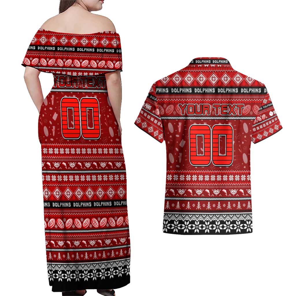 Personalized Dolphins Rugby Xmas Couples Matching Off Shoulder Maxi Dress and Hawaiian Shirt Australia NRL Mascot
