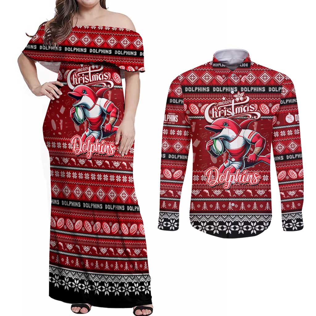 Personalized Dolphins Rugby Xmas Couples Matching Off Shoulder Maxi Dress and Long Sleeve Button Shirt Australia NRL Mascot