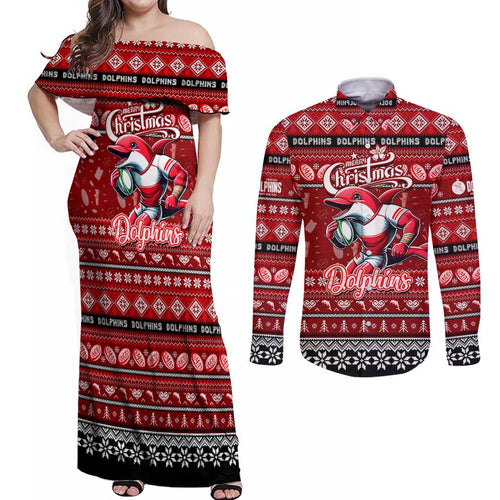 Personalized Dolphins Rugby Xmas Couples Matching Off Shoulder Maxi Dress and Long Sleeve Button Shirt Australia NRL Mascot
