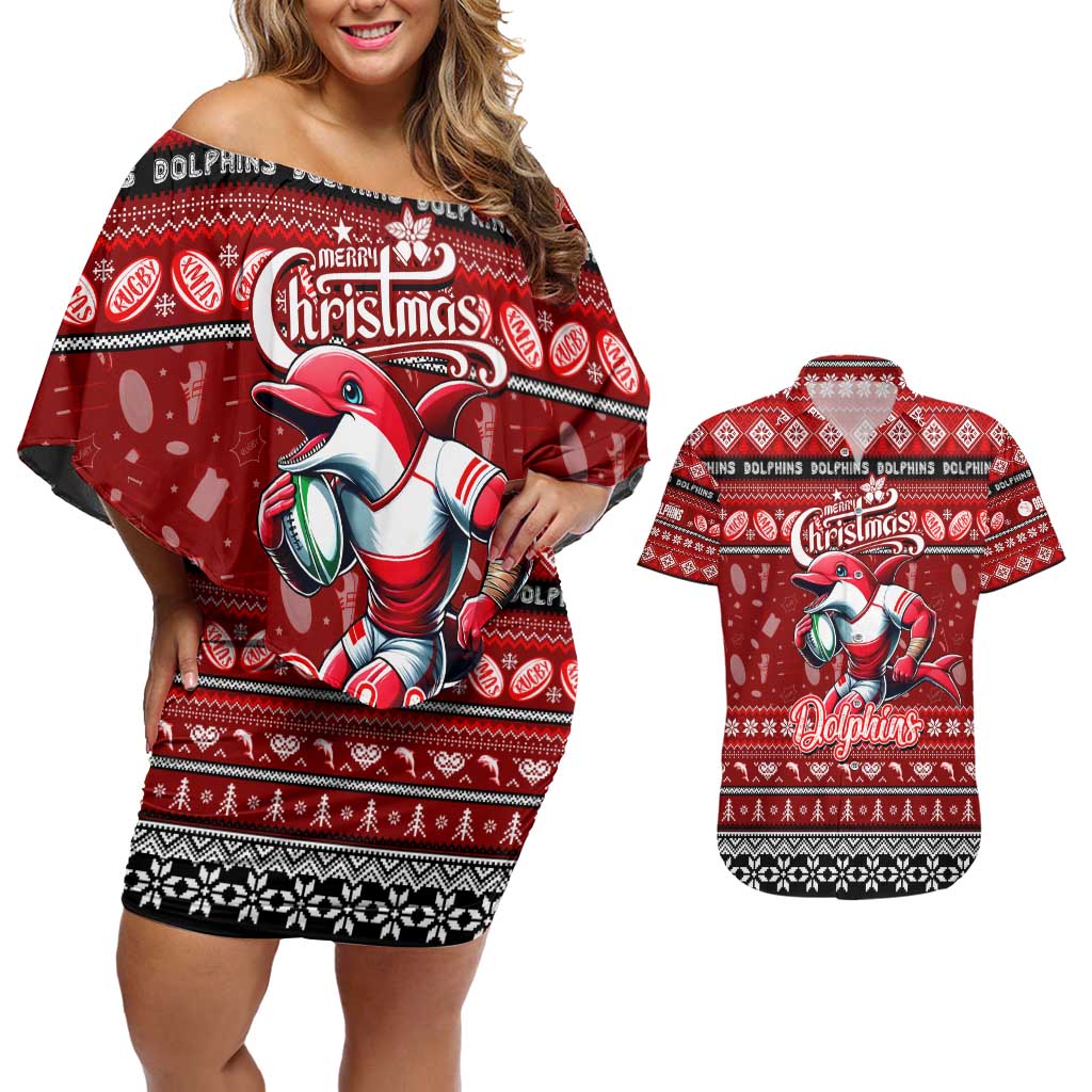 Personalized Dolphins Rugby Xmas Couples Matching Off Shoulder Short Dress and Hawaiian Shirt Australia NRL Mascot