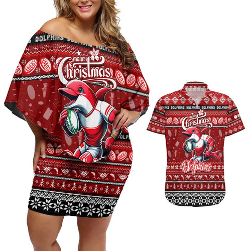 Personalized Dolphins Rugby Xmas Couples Matching Off Shoulder Short Dress and Hawaiian Shirt Australia NRL Mascot