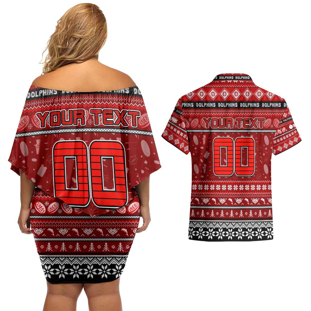 Personalized Dolphins Rugby Xmas Couples Matching Off Shoulder Short Dress and Hawaiian Shirt Australia NRL Mascot
