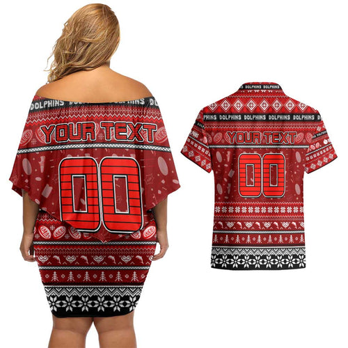 Personalized Dolphins Rugby Xmas Couples Matching Off Shoulder Short Dress and Hawaiian Shirt Australia NRL Mascot