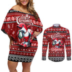 Personalized Dolphins Rugby Xmas Couples Matching Off Shoulder Short Dress and Long Sleeve Button Shirt Australia NRL Mascot
