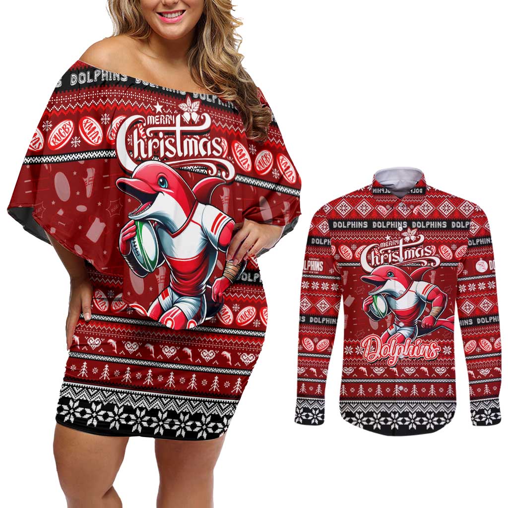 Personalized Dolphins Rugby Xmas Couples Matching Off Shoulder Short Dress and Long Sleeve Button Shirt Australia NRL Mascot