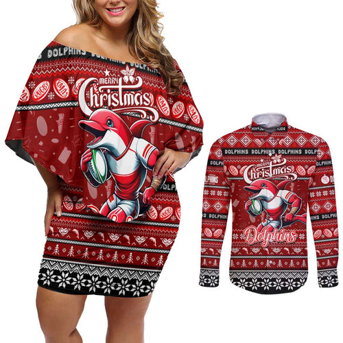 Personalized Dolphins Rugby Xmas Couples Matching Off Shoulder Short Dress and Long Sleeve Button Shirt Australia NRL Mascot