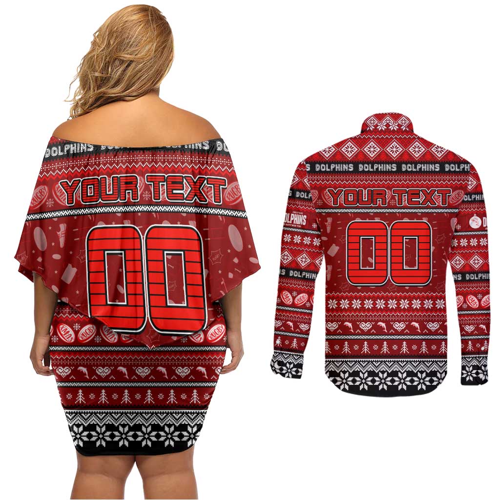 Personalized Dolphins Rugby Xmas Couples Matching Off Shoulder Short Dress and Long Sleeve Button Shirt Australia NRL Mascot
