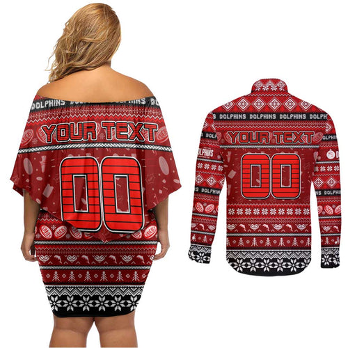 Personalized Dolphins Rugby Xmas Couples Matching Off Shoulder Short Dress and Long Sleeve Button Shirt Australia NRL Mascot