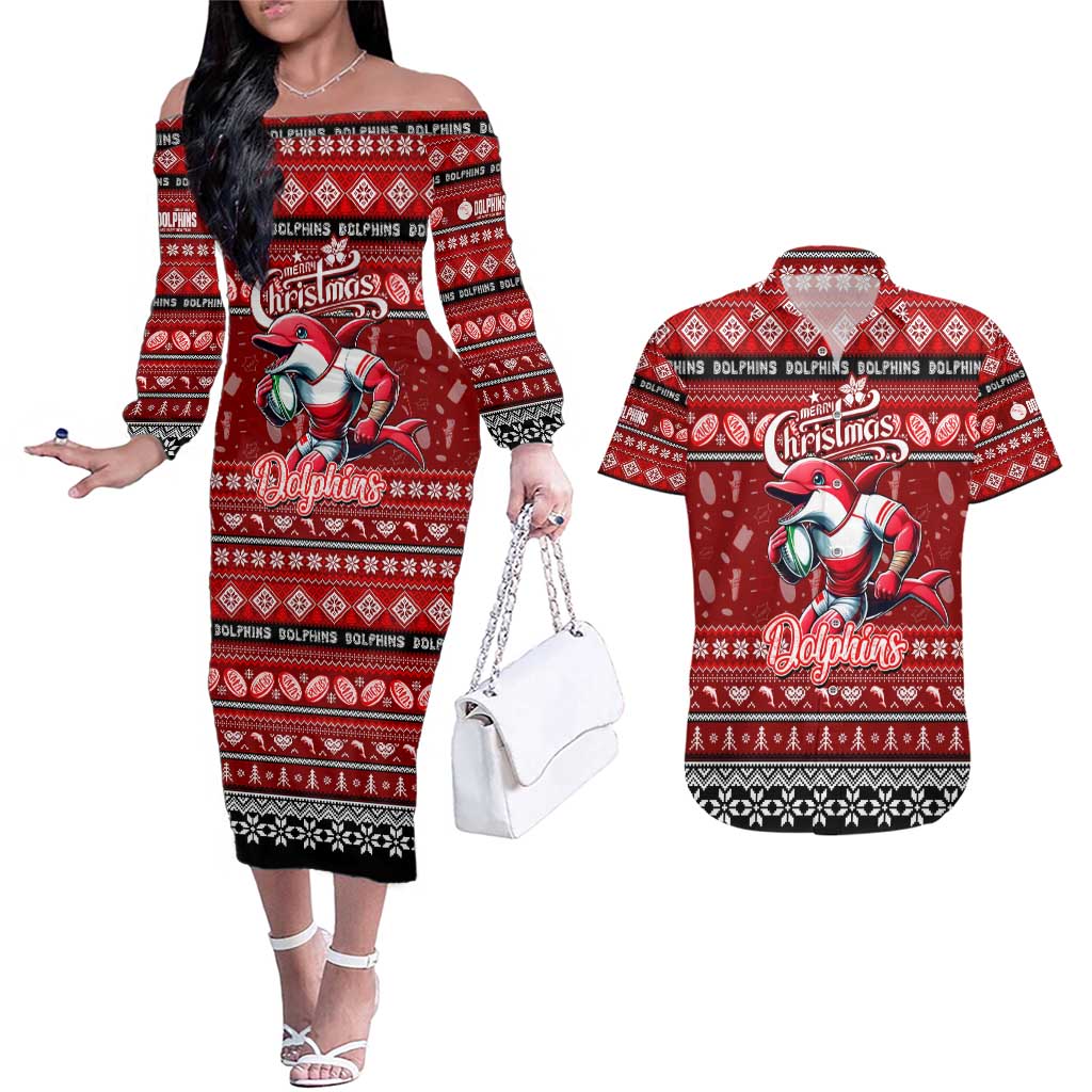 Personalized Dolphins Rugby Xmas Couples Matching Off The Shoulder Long Sleeve Dress and Hawaiian Shirt Australia NRL Mascot