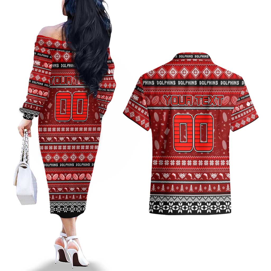 Personalized Dolphins Rugby Xmas Couples Matching Off The Shoulder Long Sleeve Dress and Hawaiian Shirt Australia NRL Mascot