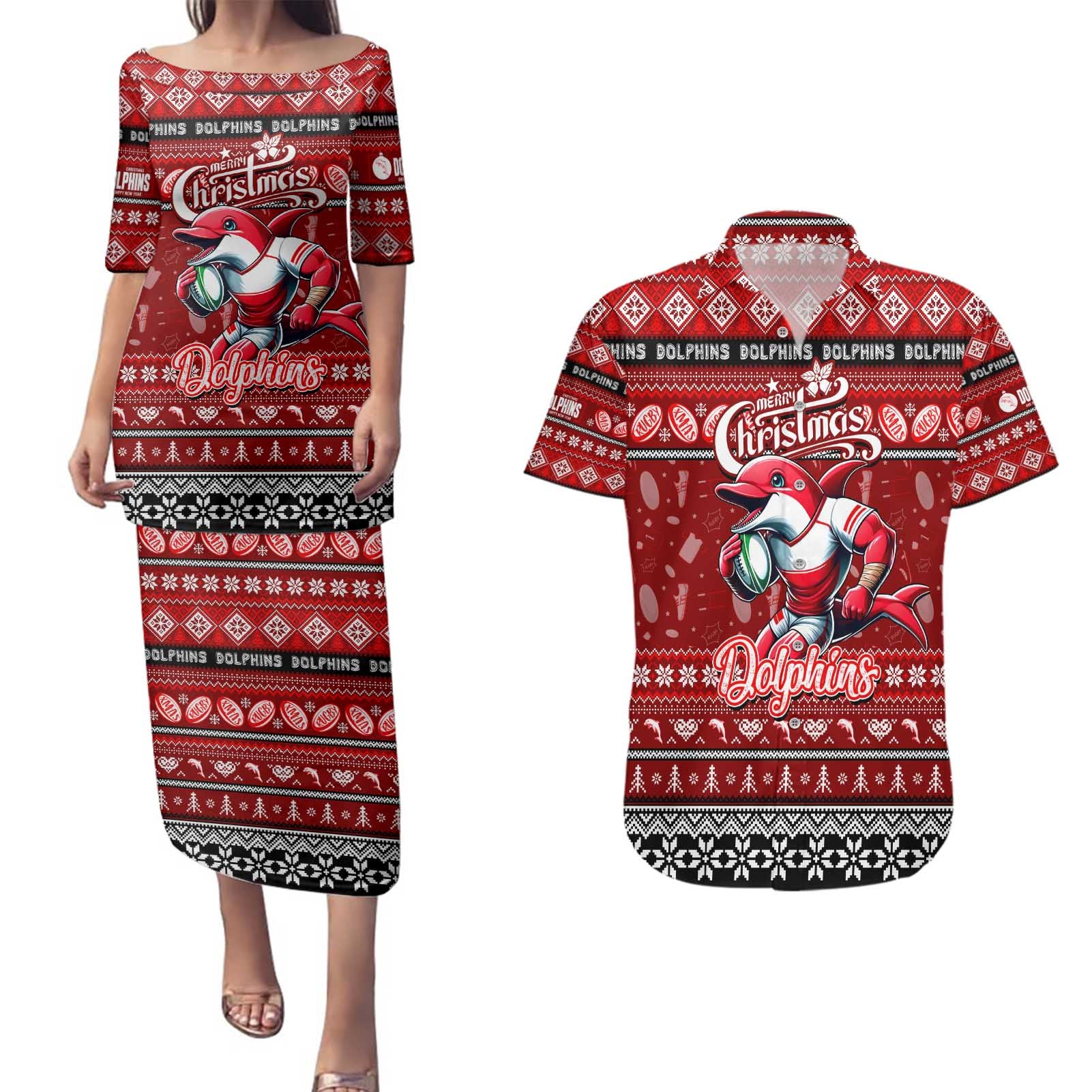 Personalized Dolphins Rugby Xmas Couples Matching Puletasi and Hawaiian Shirt Australia NRL Mascot