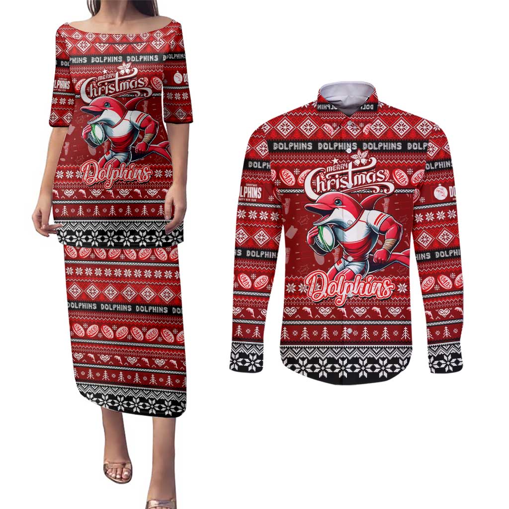 Personalized Dolphins Rugby Xmas Couples Matching Puletasi and Long Sleeve Button Shirt Australia NRL Mascot