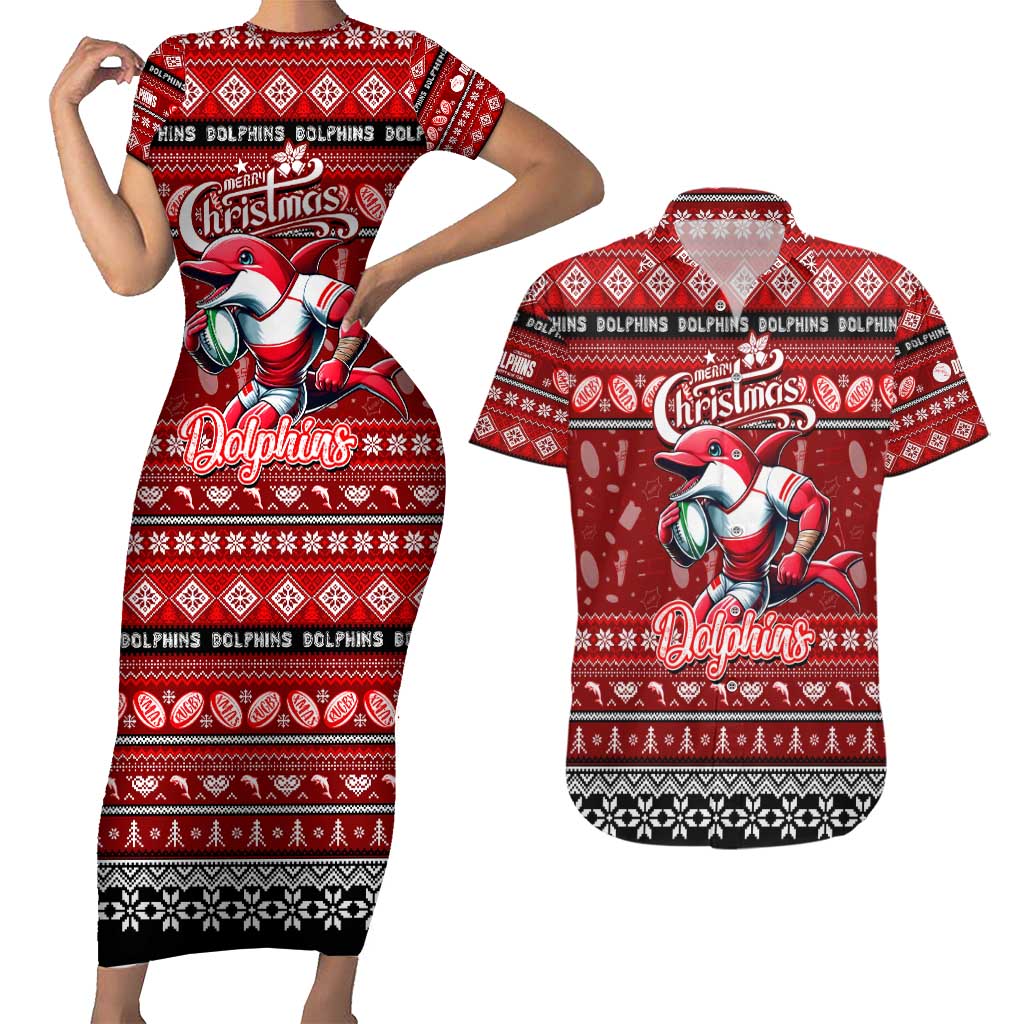 Personalized Dolphins Rugby Xmas Couples Matching Short Sleeve Bodycon Dress and Hawaiian Shirt Australia NRL Mascot