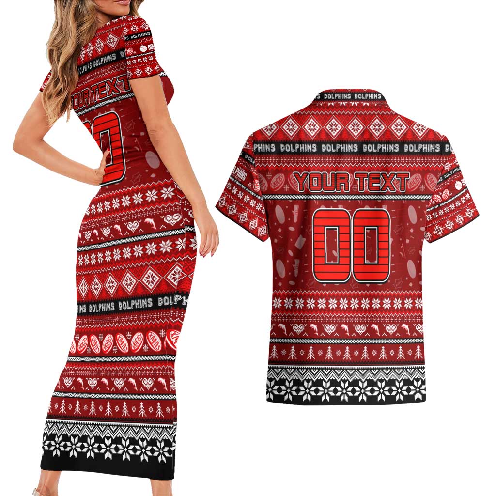 Personalized Dolphins Rugby Xmas Couples Matching Short Sleeve Bodycon Dress and Hawaiian Shirt Australia NRL Mascot