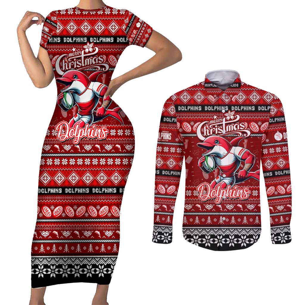 Personalized Dolphins Rugby Xmas Couples Matching Short Sleeve Bodycon Dress and Long Sleeve Button Shirt Australia NRL Mascot
