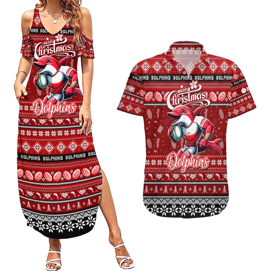 Personalized Dolphins Rugby Xmas Couples Matching Summer Maxi Dress and Hawaiian Shirt Australia NRL Mascot