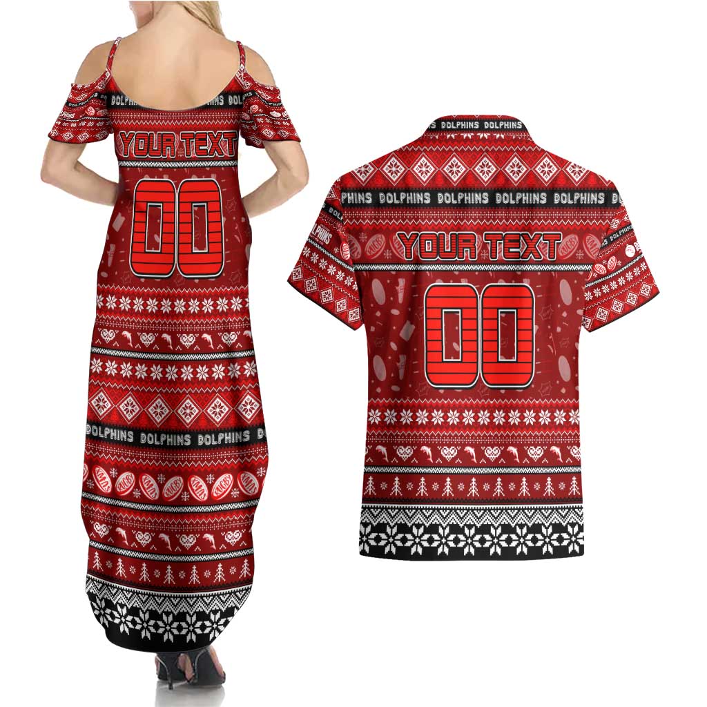 Personalized Dolphins Rugby Xmas Couples Matching Summer Maxi Dress and Hawaiian Shirt Australia NRL Mascot