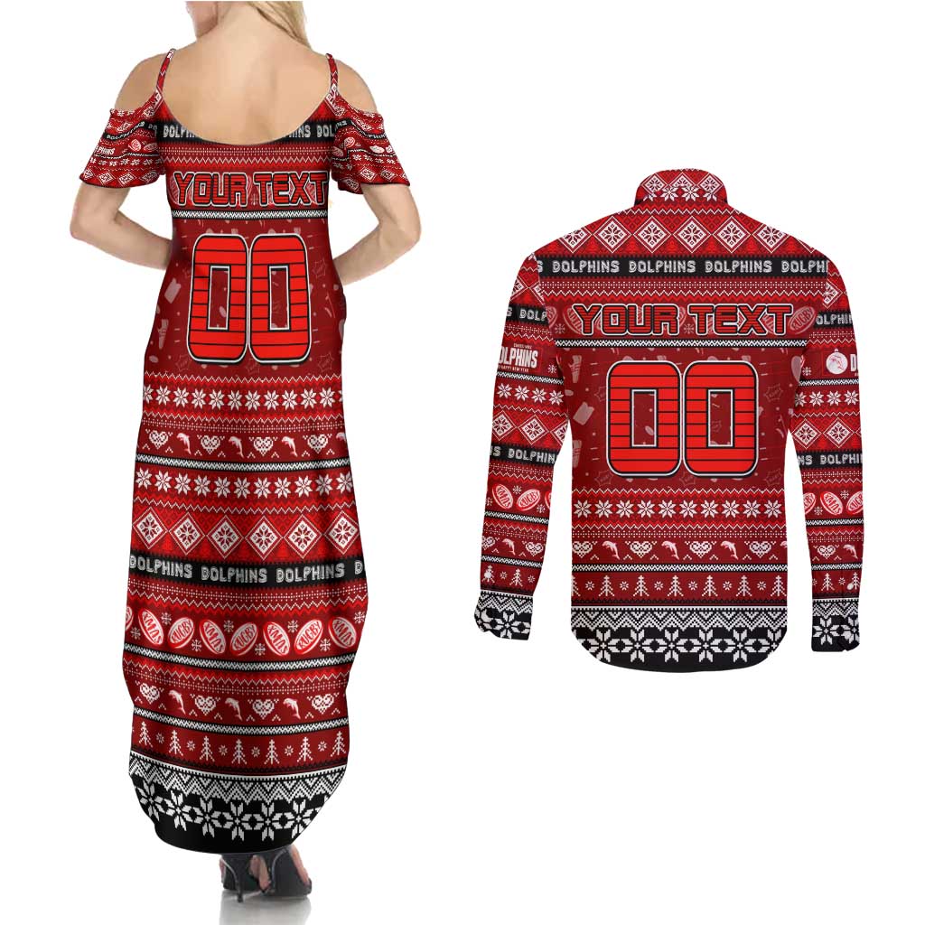 Personalized Dolphins Rugby Xmas Couples Matching Summer Maxi Dress and Long Sleeve Button Shirt Australia NRL Mascot
