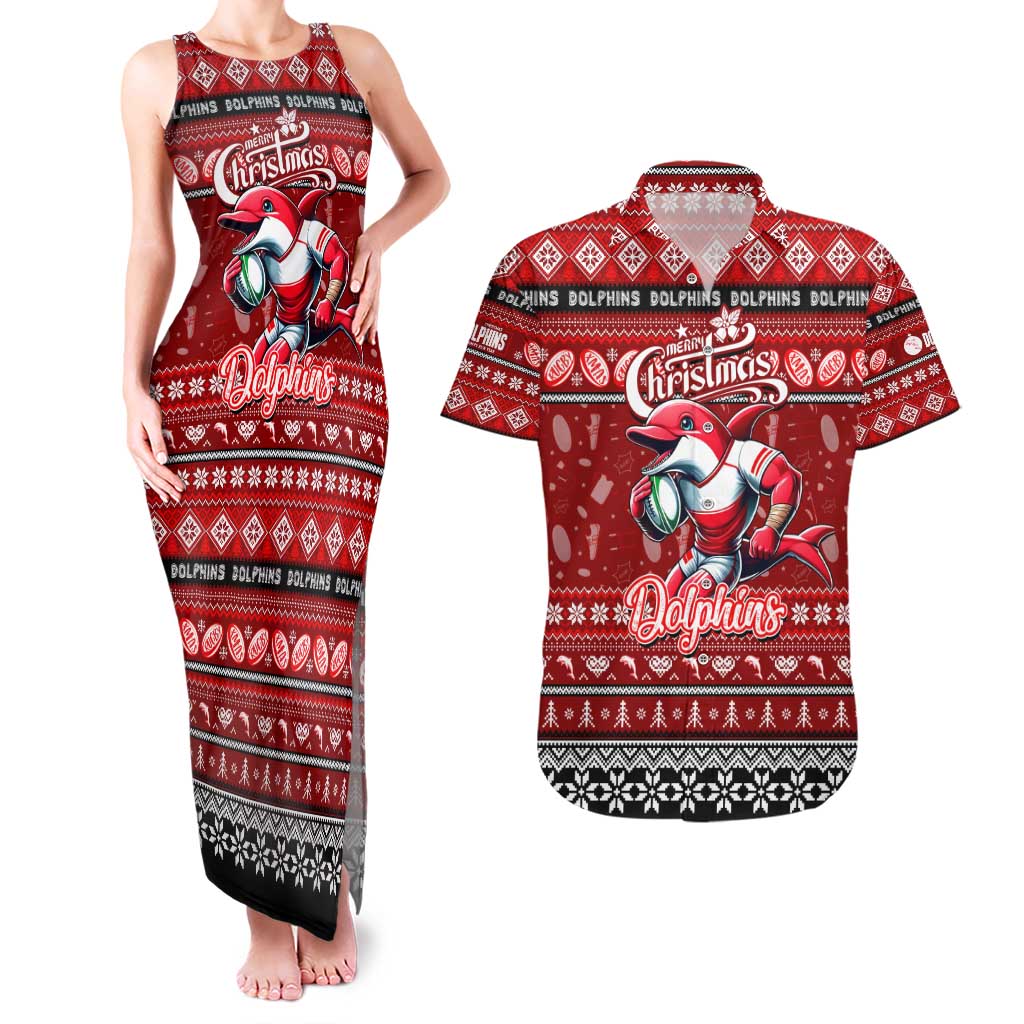 Personalized Dolphins Rugby Xmas Couples Matching Tank Maxi Dress and Hawaiian Shirt Australia NRL Mascot