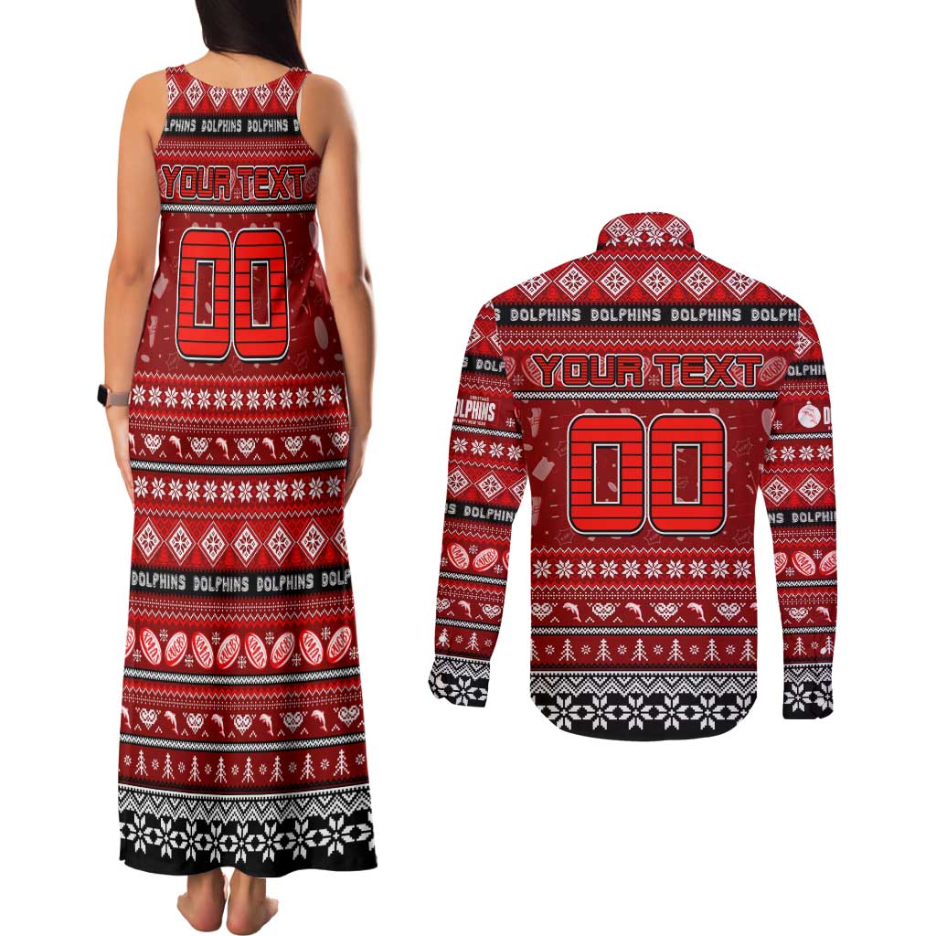 Personalized Dolphins Rugby Xmas Couples Matching Tank Maxi Dress and Long Sleeve Button Shirt Australia NRL Mascot
