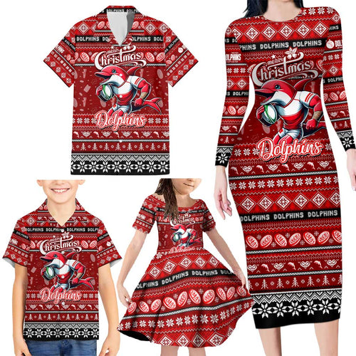 Personalized Dolphins Rugby Xmas Family Matching Long Sleeve Bodycon Dress and Hawaiian Shirt Australia NRL Mascot