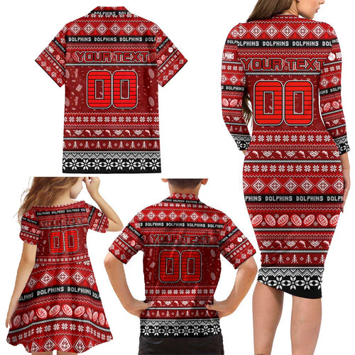 Personalized Dolphins Rugby Xmas Family Matching Long Sleeve Bodycon Dress and Hawaiian Shirt Australia NRL Mascot