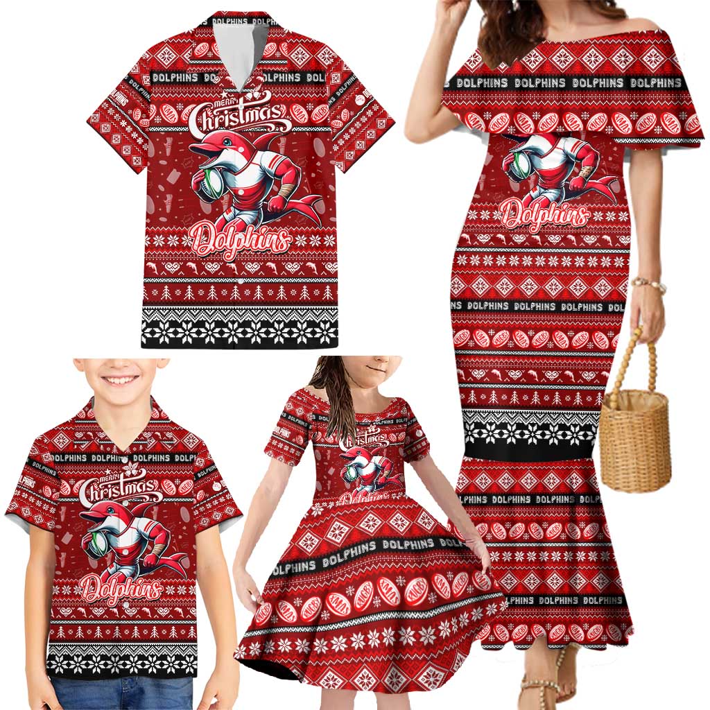 Personalized Dolphins Rugby Xmas Family Matching Mermaid Dress and Hawaiian Shirt Australia NRL Mascot
