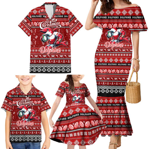 Personalized Dolphins Rugby Xmas Family Matching Mermaid Dress and Hawaiian Shirt Australia NRL Mascot