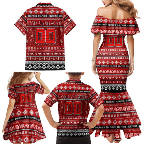 Personalized Dolphins Rugby Xmas Family Matching Mermaid Dress and Hawaiian Shirt Australia NRL Mascot