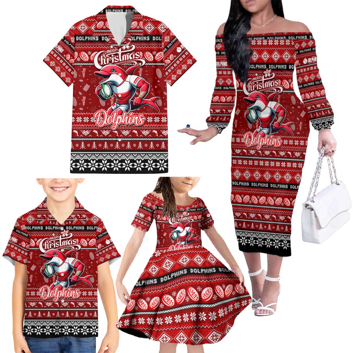 Personalized Dolphins Rugby Xmas Family Matching Off The Shoulder Long Sleeve Dress and Hawaiian Shirt Australia NRL Mascot